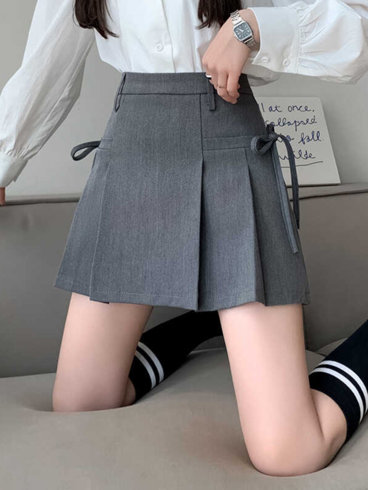 High Waist Slimming Pleated Skirt Women's Strap Summer Spice Girl Small Short Skirt A- line Skirt Black Short Skirt