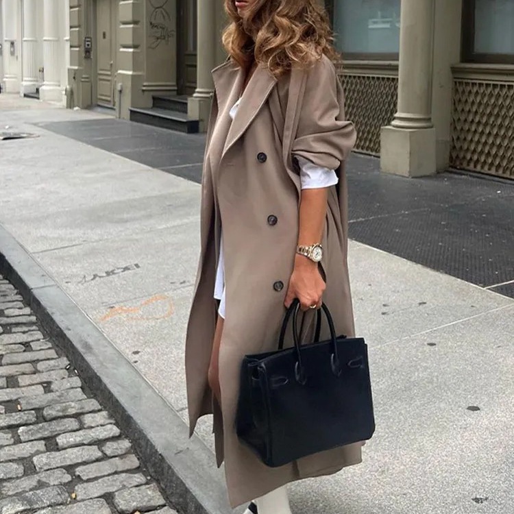 Picture of Long-sleeved European and American Cross-border New Women's Trenchcoat Long Loose Coat Women's Mid-length High-end Pocket for Autumn and Winter
