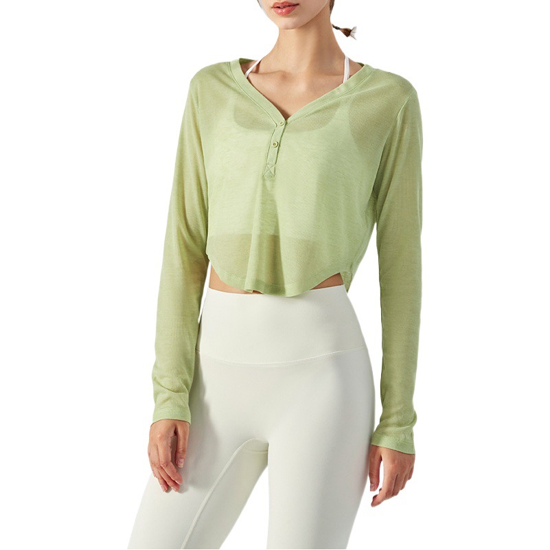 Spring and Summer Loose V-neck Yoga Blouse Long-sleeved T-shirt Casual Draped Fitness Top Lightweight Hollow Sports Blouse