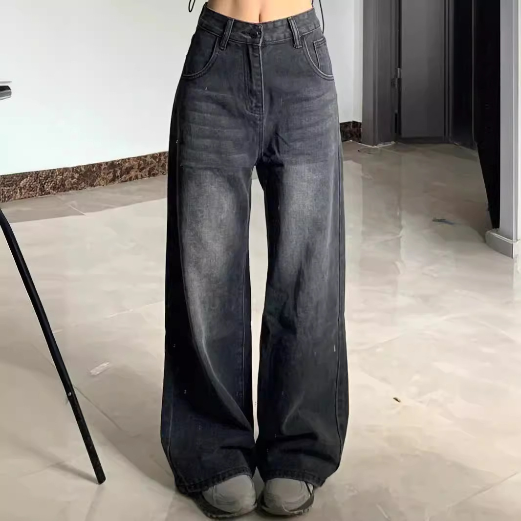 Vintage High Street Wide Leg Jeans Women's Autumn New High Waist Loose Slim Look Straight All-match Trailing Trousers