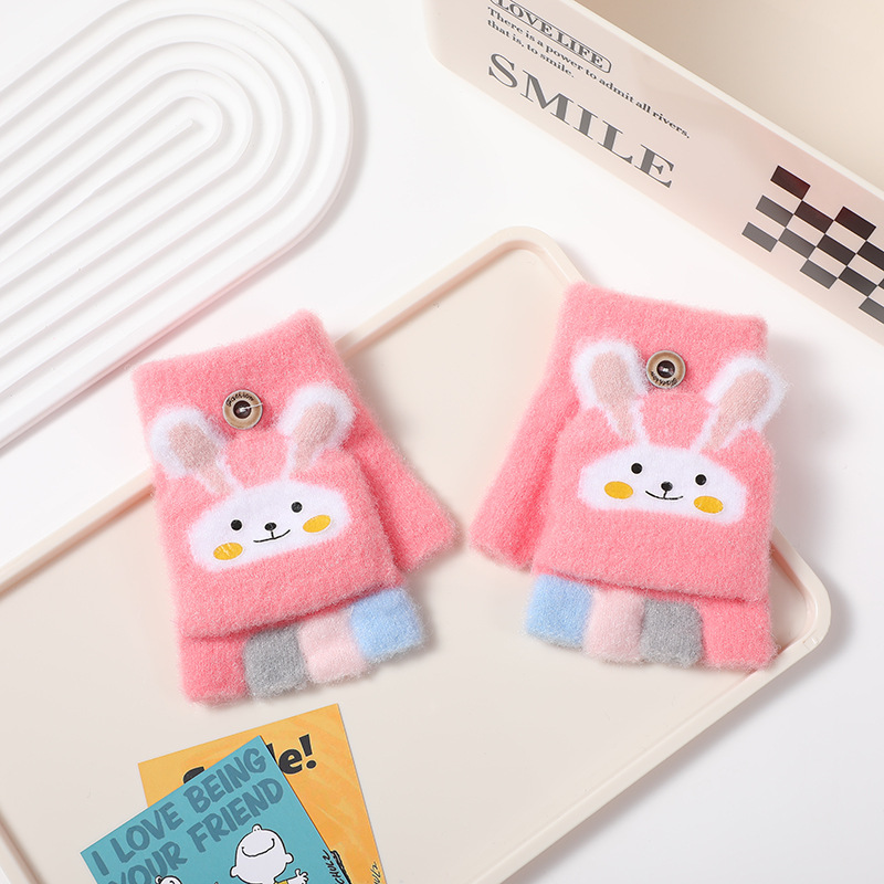 Picture of Children's flip gloves autumn and winter boys half finger warm cute Primary School students writing knitted dual-purpose gloves wholesale