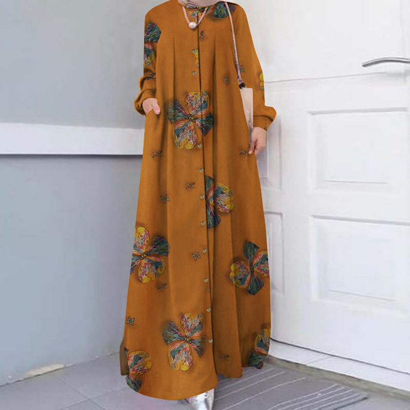 Picture of Cross-Border Trade Cotton and Linen Printed Shirts, Plus-Size Women's Casual Retro Long-Sleeved Robes, Loose Dresses