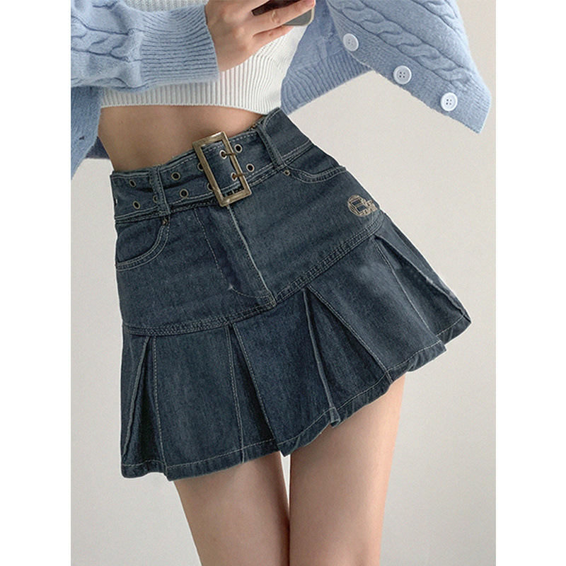 Hot Girl Denim Skirt Women's Summer Pleated Skirt American Style Retro New Design High Waist Slim A- line Skirt