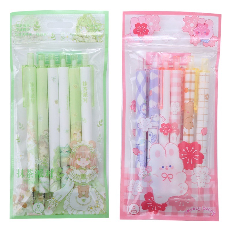 6 Bags of Matcha Green Press Neutral Pen Pink Cherry Blossom Press Water-Based Pen High-Value Office Signature Pen