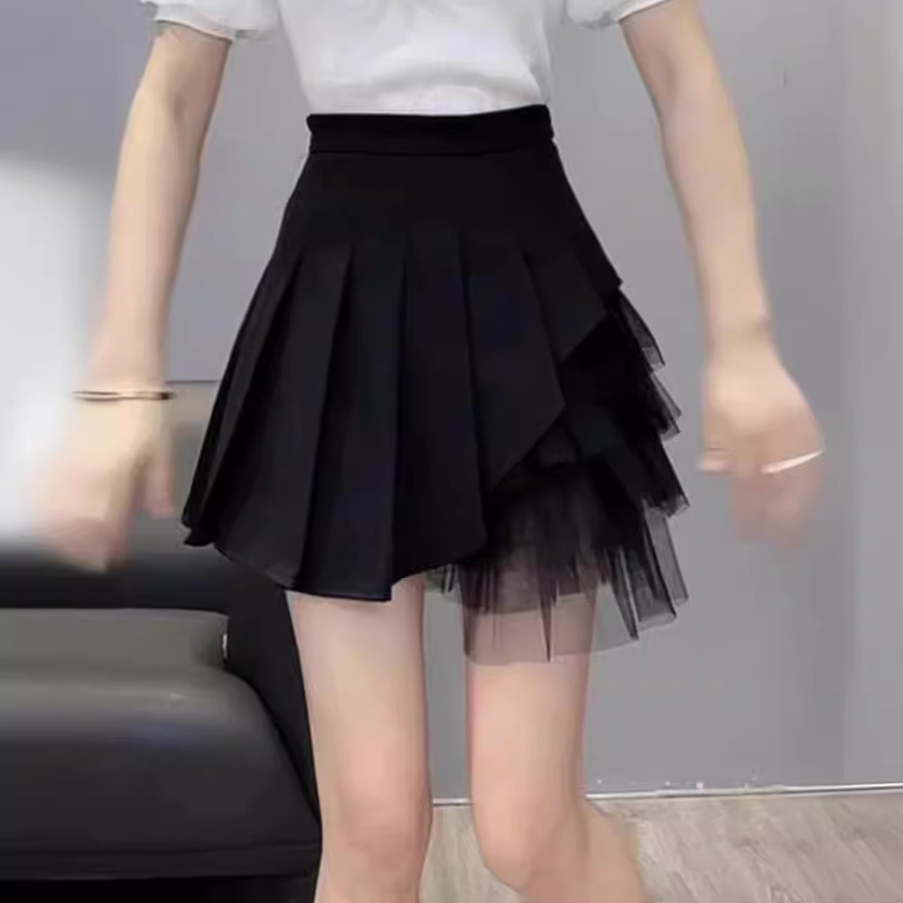 Mesh Stitching Pleated Skirt Women's Design Sense Niche Summer High Waist Slimming Black Chiffon A- line Short Skirt