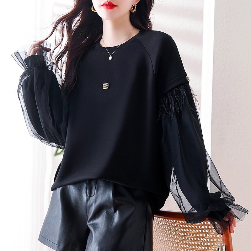 Picture of Real Shot of Casual Mesh Black Sweatshirt for Women, 2025 Autumn New European Style, Plus Size, Loose Long-Sleeve Top, Trendy