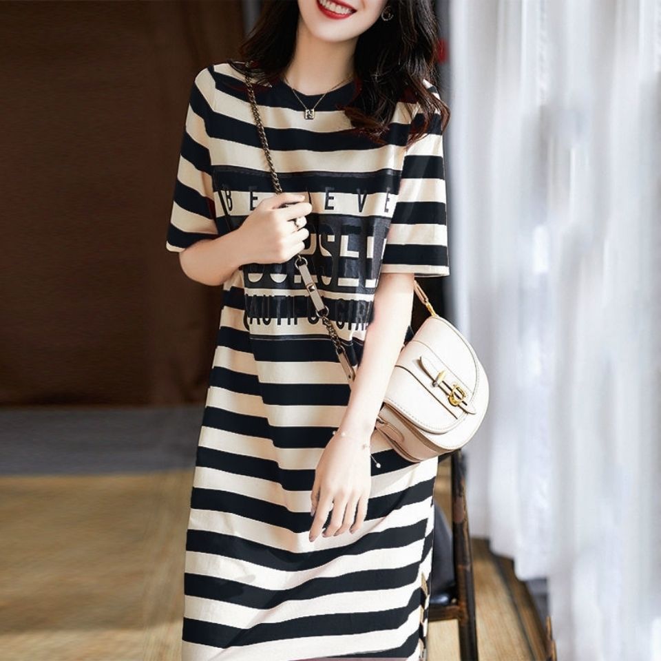 Picture of Maternity clothing summer loose slimming striped printed t-shirt dress Korean style mid-length maternity dress summer clothing