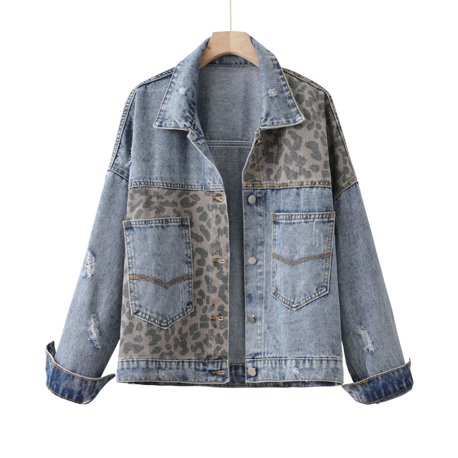 Picture of Cross-border autumn and winter Amazon Denim coat women's long sleeve independent station European and American women's leopard stitching Denim coat