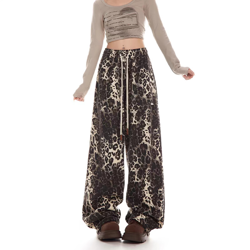 2024 Leopard Print Pants Children's Overalls American Vintage Ins Fashion Brand Hip-Hop Hip-Hop Casual Loose Straight Pants