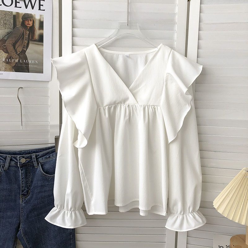 Picture of Autumn 2022 Korean-style Retro All-match Loose V-neck Ruffled Long Sleeve Outer Wear Solid Color Doll Shirt Top