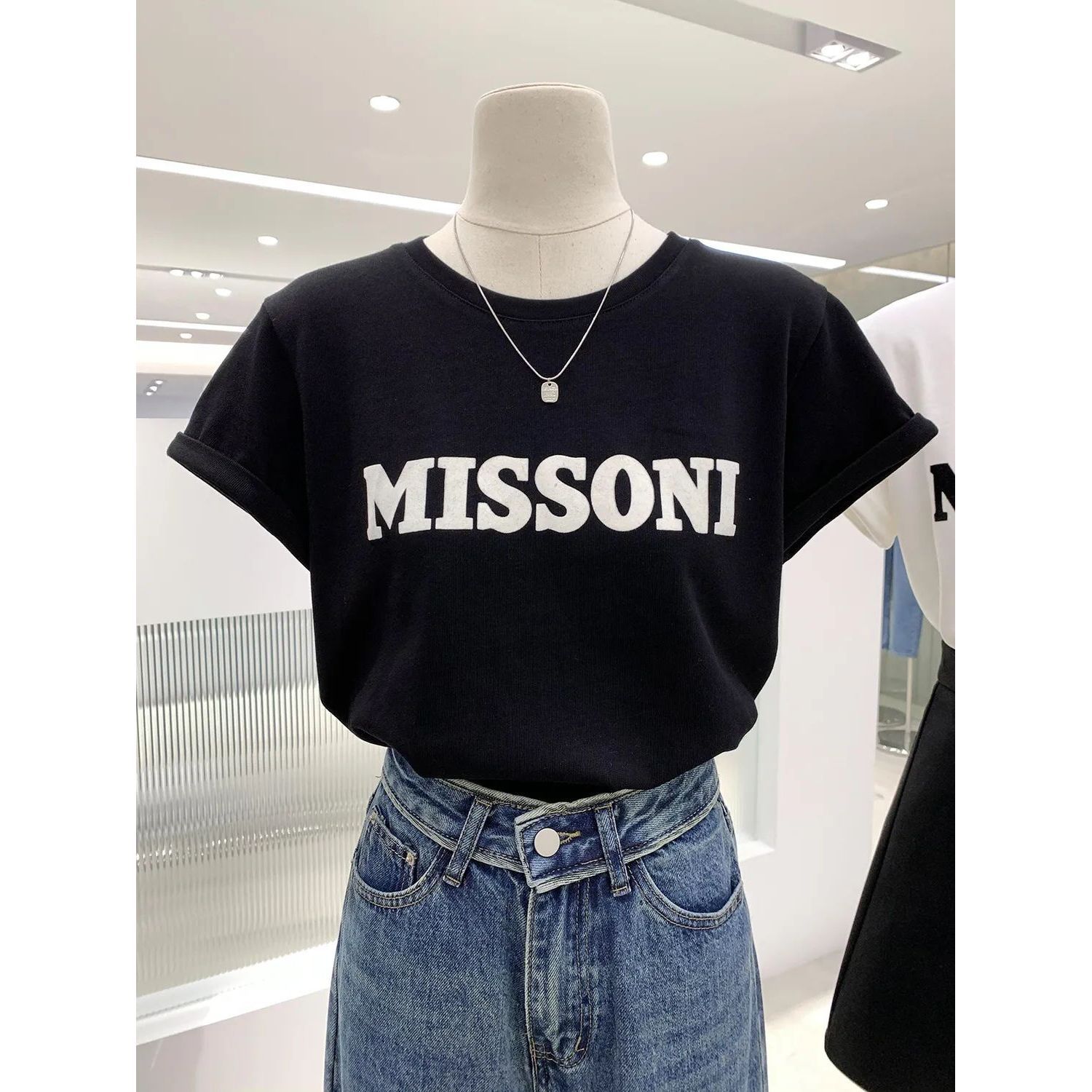 Modal Daily Wear Tee Simple Printed Letter Roll-up Short-sleeved T-shirt Women's Slimming All-match Round Neck Top