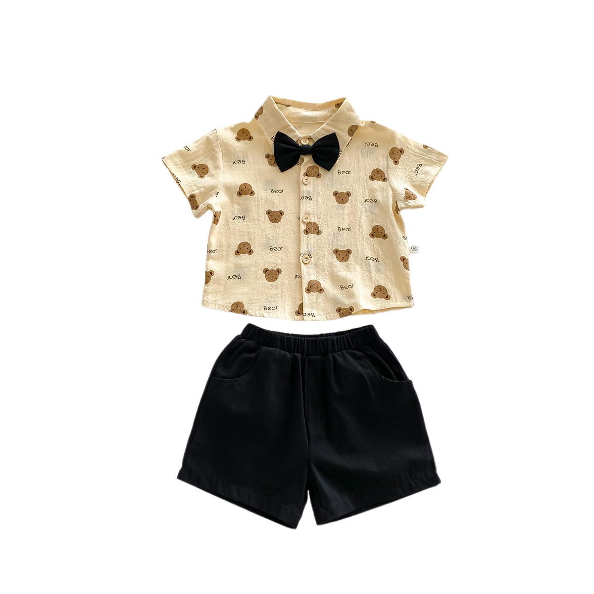 Picture of Ins Boys 2025 Summer Style Handsome Gentleman Bow Tie Short-Sleeved Printed Bear Shirt Shorts Two-Piece Suit