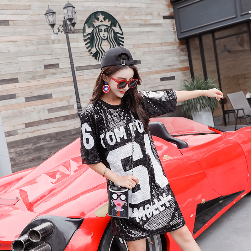 Ins Trendy Hip-Hop Loose All-Match Short-Sleeved T-Shirt Women's Korean-Style Hong Kong Style Heavy Industry Sequins 2025 Outer Wear Base Shirt