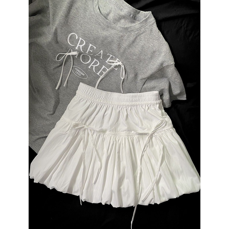 Niche Design Bow Flower Bud Skirt Women's Small High Waist All-match Slimming A- line Puffy Short Skirt