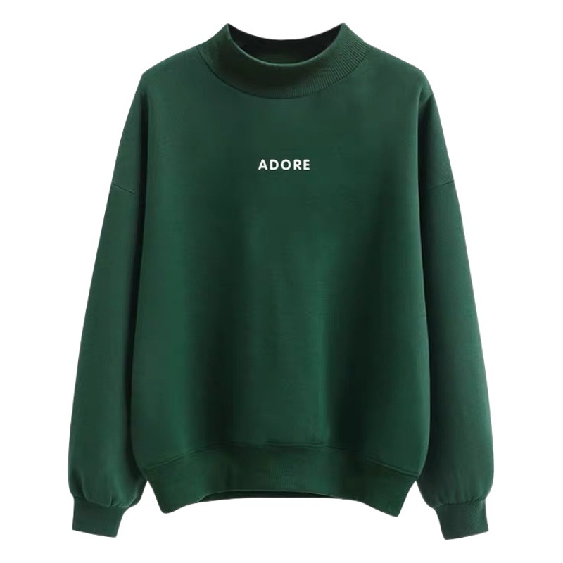 Internet Celebrity Velvet Sweatshirt for Women 2025 Autumn and Winter New Korean Style Loose Half Turtleneck Green Jacket Student Letter Top