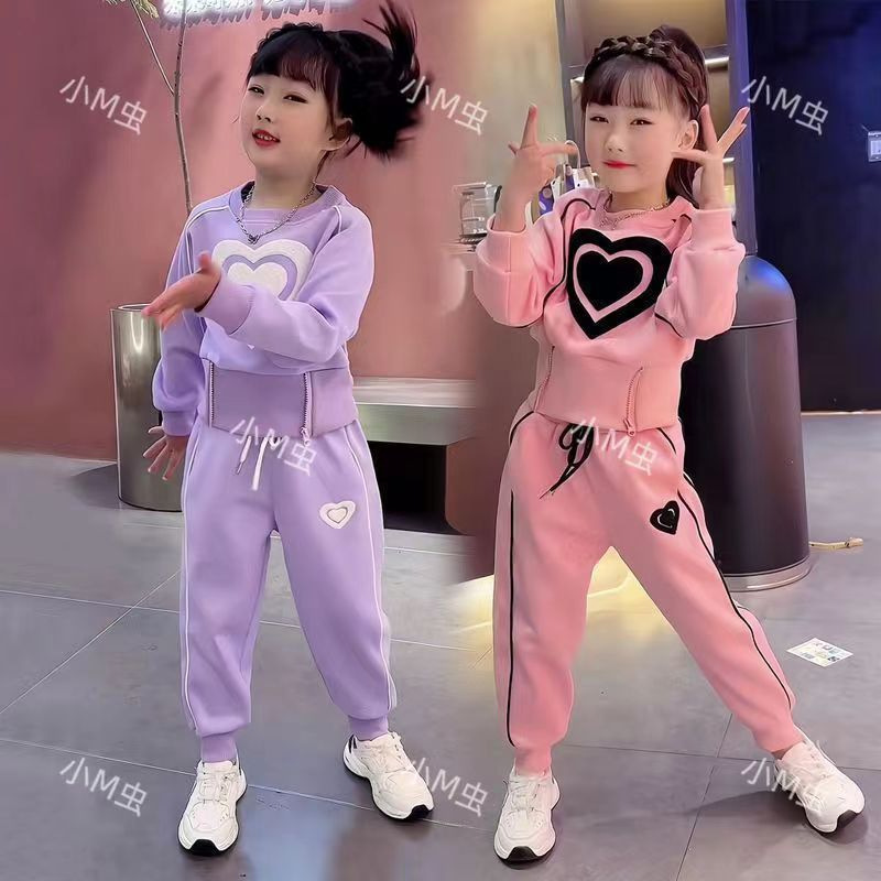 Girls' Sweatshirt and Velvet Suit 2023 New Style Foreign Style Fried Street Autumn and Winter Children's Casual Sportswear Children's Wear Two-Piece Set