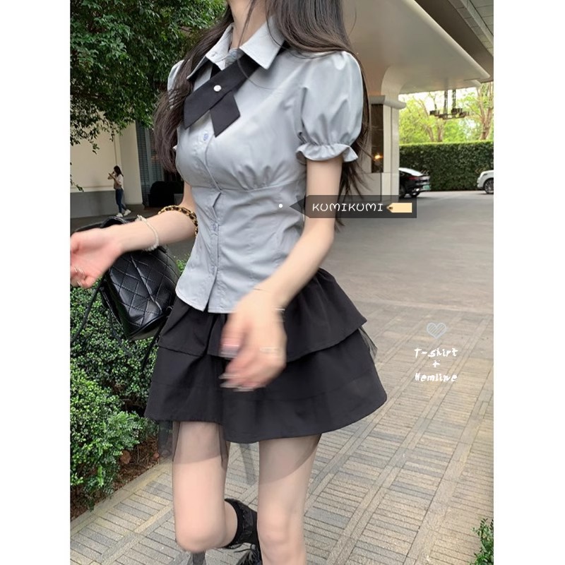2025 Summer New High Waist Slimming A- line Lace-up Cake Skirt College Style Black Tutu Hip Skirt