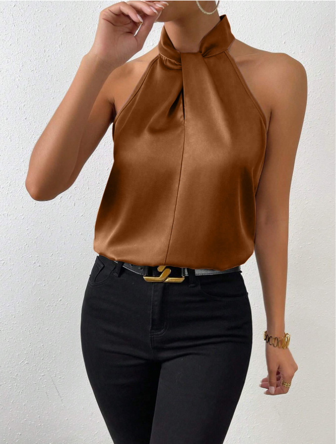 Picture of 2025 New Summer European and American Clothing Satin Halterneck Sleeveless Vest Satin Imitation Silk Top Wholesale in Stock