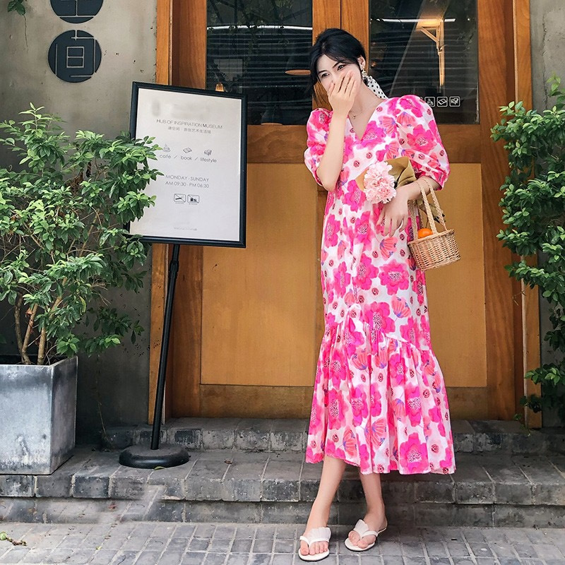 French Style Gentle Bubble Sleeve Floral Fishtail dress Women's Summer V-Neck Loose Slimming Ruffle Long Dress Ins