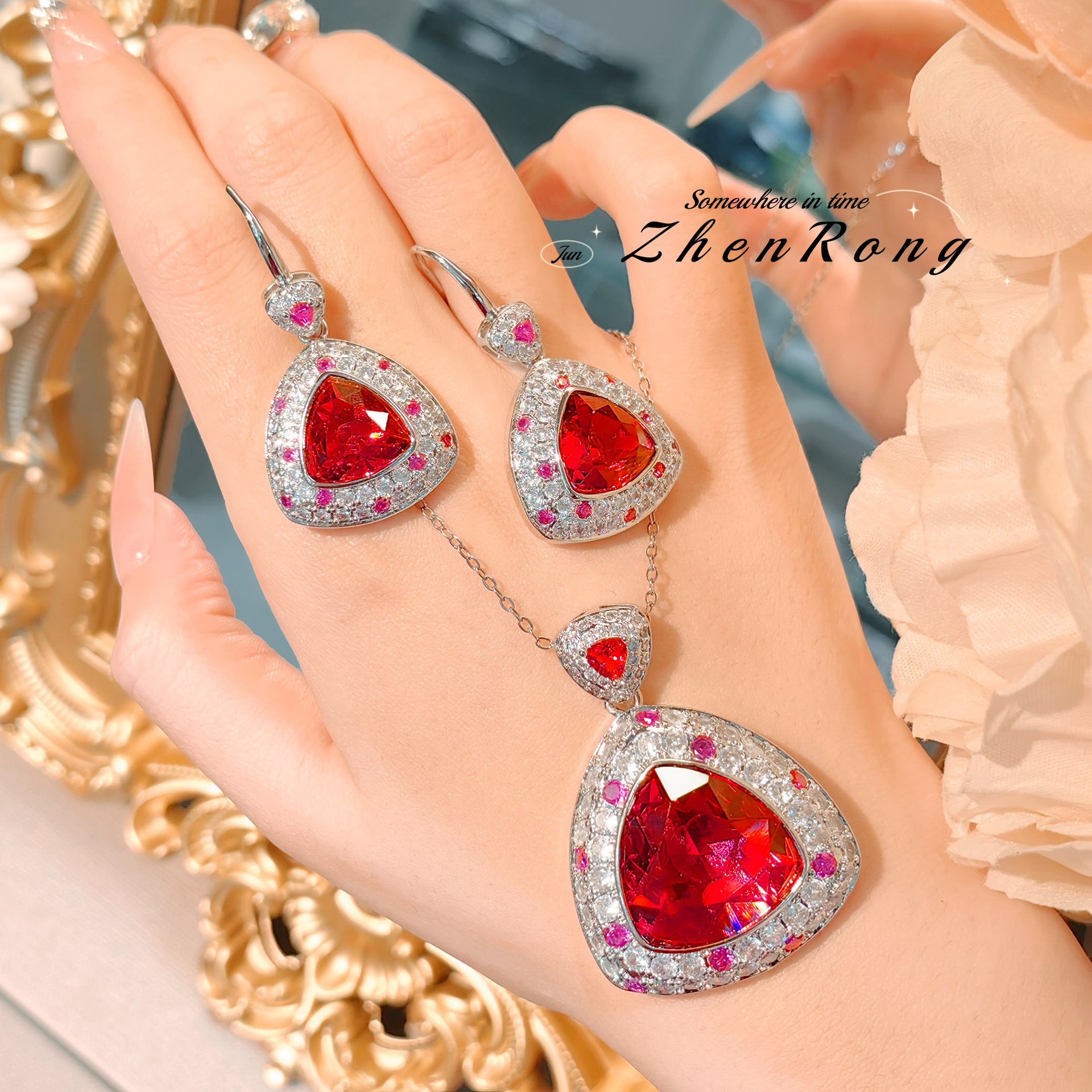 Picture of European and American socialite retro geometric fat triangle red diamond earrings artificial pigeon hemoglobin ring color treasure earrings suit