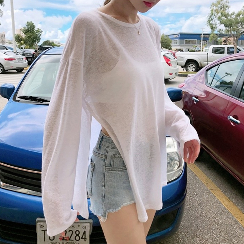 1800 [Tik Tok Quality] # Summer Round Neck Cut Out Top Loose Thin Long-Sleeved T-Shirt Women's Sun Protection Cover-Up