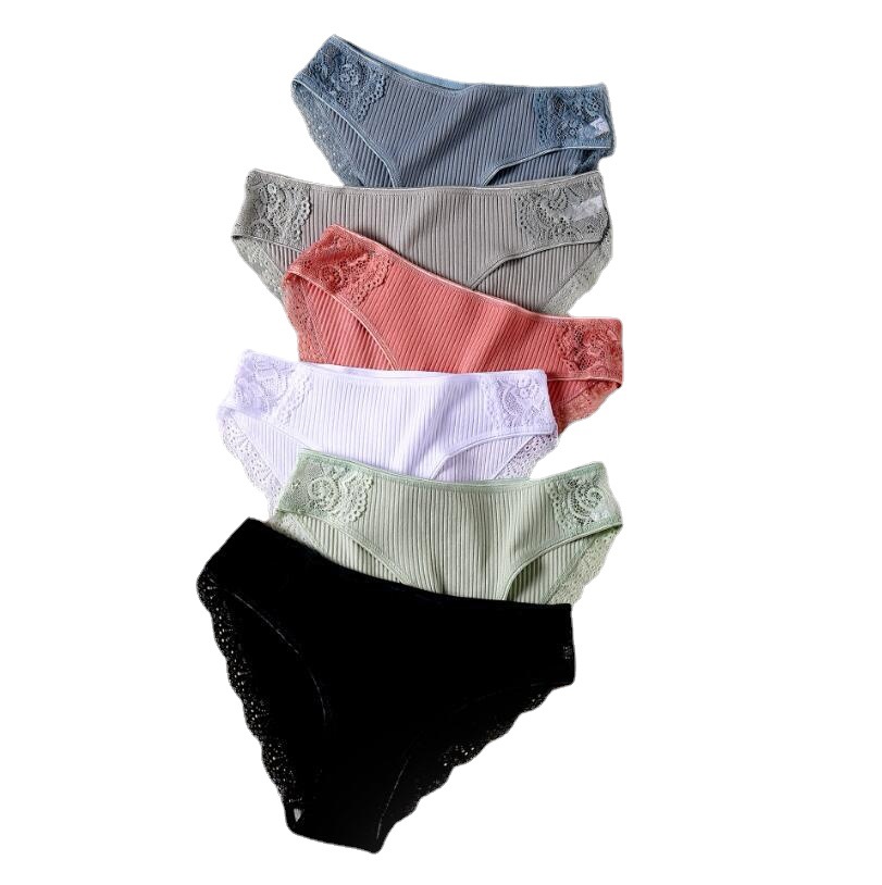 Picture of AliExpress youth underwear women's striped student cotton lace briefs mid-waist solid color women's underwear