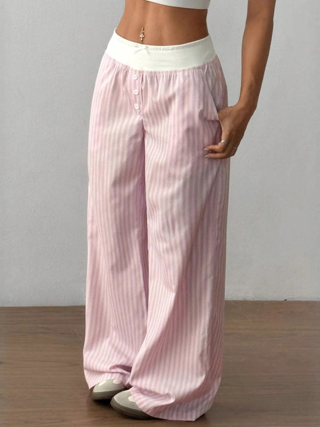 2025 New Amazon Striped Wide Leg Button Trousers Street Fashion Loose Contrast Color Bow Casual Pants