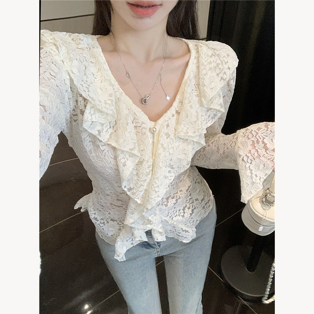 French V-neck ruffled hollow lace shirt women's 2024 autumn new design sweet long sleeve hot girl top