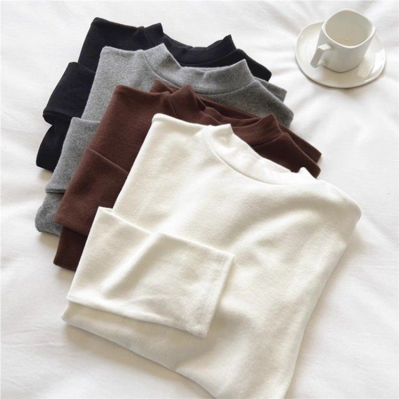 Double-sided Velvet Mock Collar Base Shirt Women's Spring and Autumn New Thickened Warm Long-sleeved Sanding T-shirt Inner Top