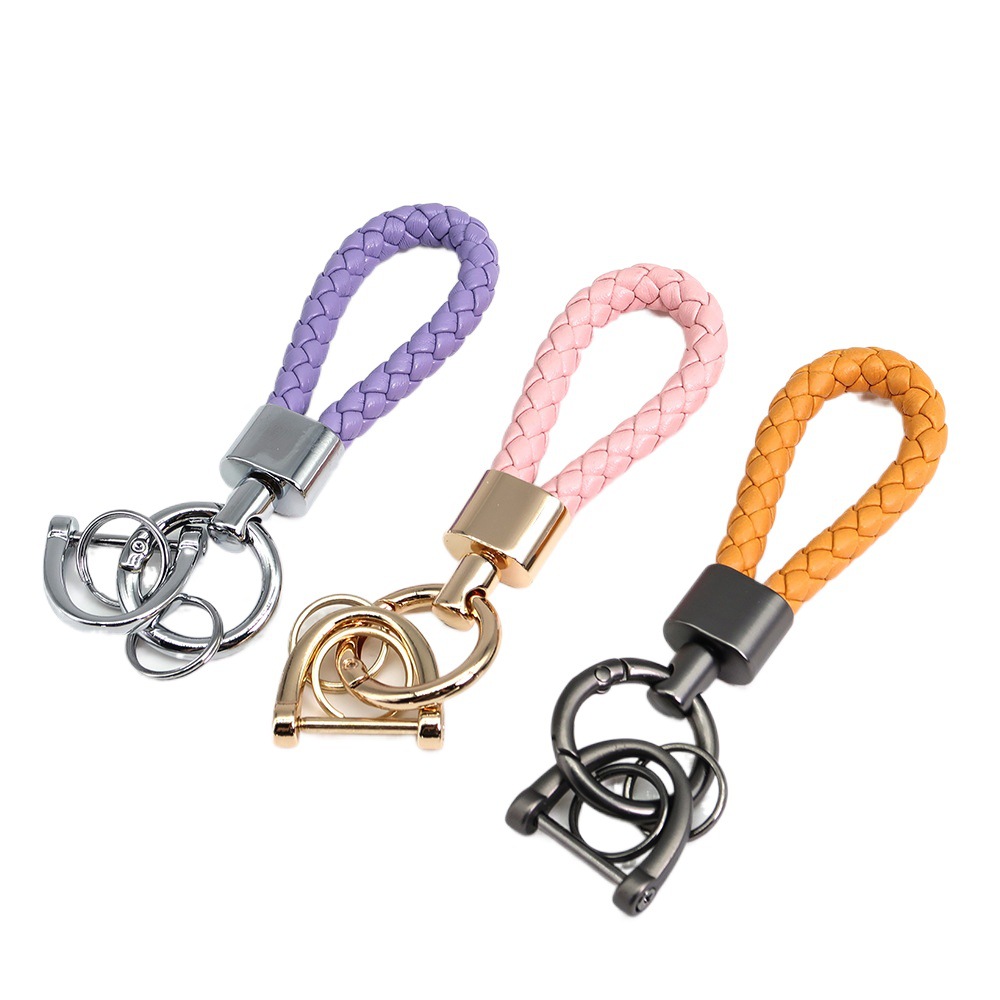 French braided leather rope anti-lost car keychain creative zinc alloy rotatable hand-woven short key chain