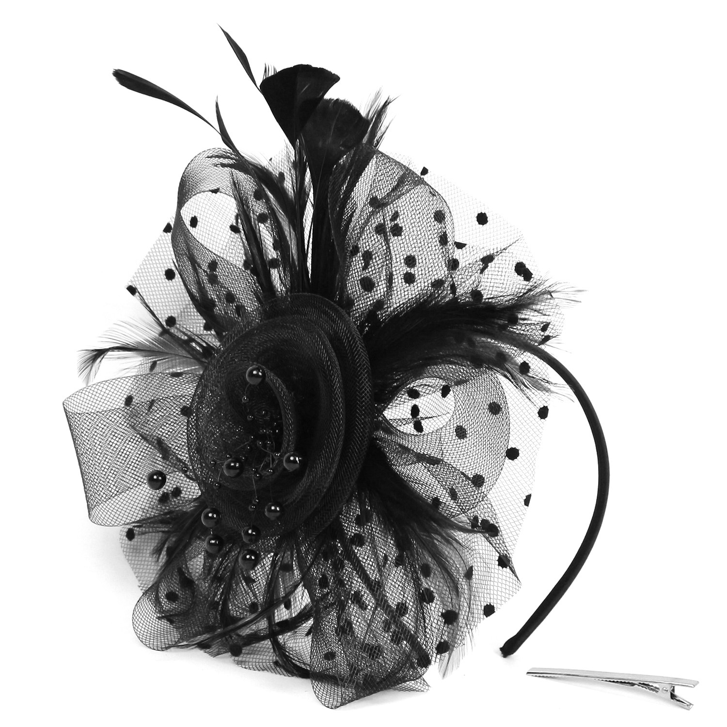 Picture of European and American Popular Amazon Feather Headdress Bridal Hair Accessories Mesh Top Hat Jockey Club Hair Accessories Hairpin Headband