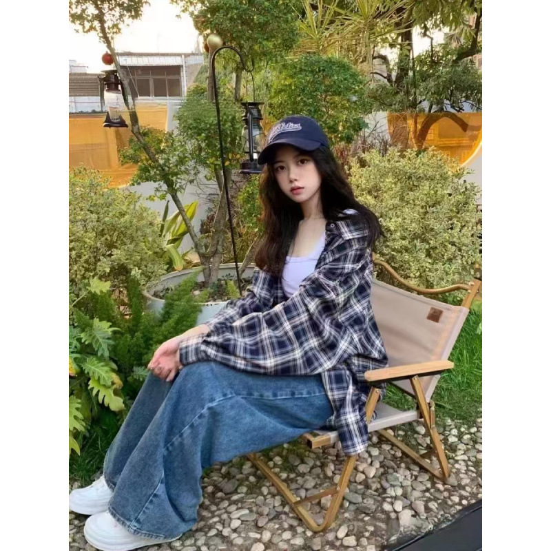 Plaid Shirt Coat Women's 2025 Spring and Autumn Loose Lazy Couple's Casual Long-sleeved Shirt Outfit Ins Trendy