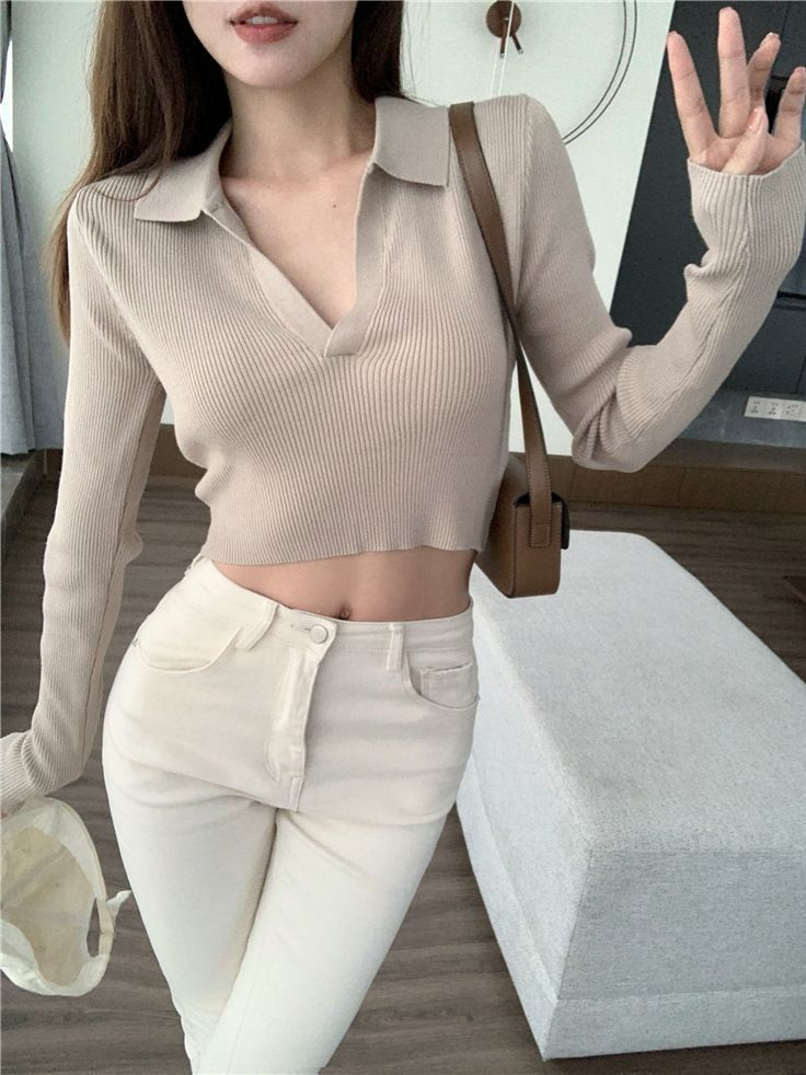 Polo Collar Long-Sleeved T-Shirt Women's Design Short Spring & Fall New Sexy Sexy Crop Top with Thread Inside