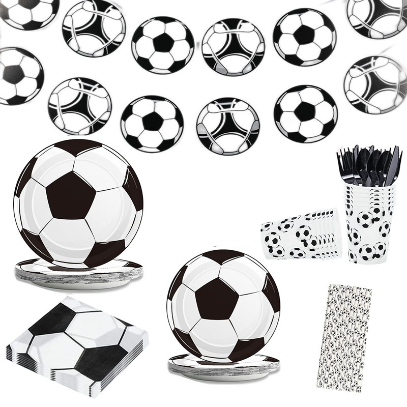 World Cup Football Party Tableware Set Black and White Football Party Supplies Flag-pulling Tablecloth Paper Plate Tableware Set