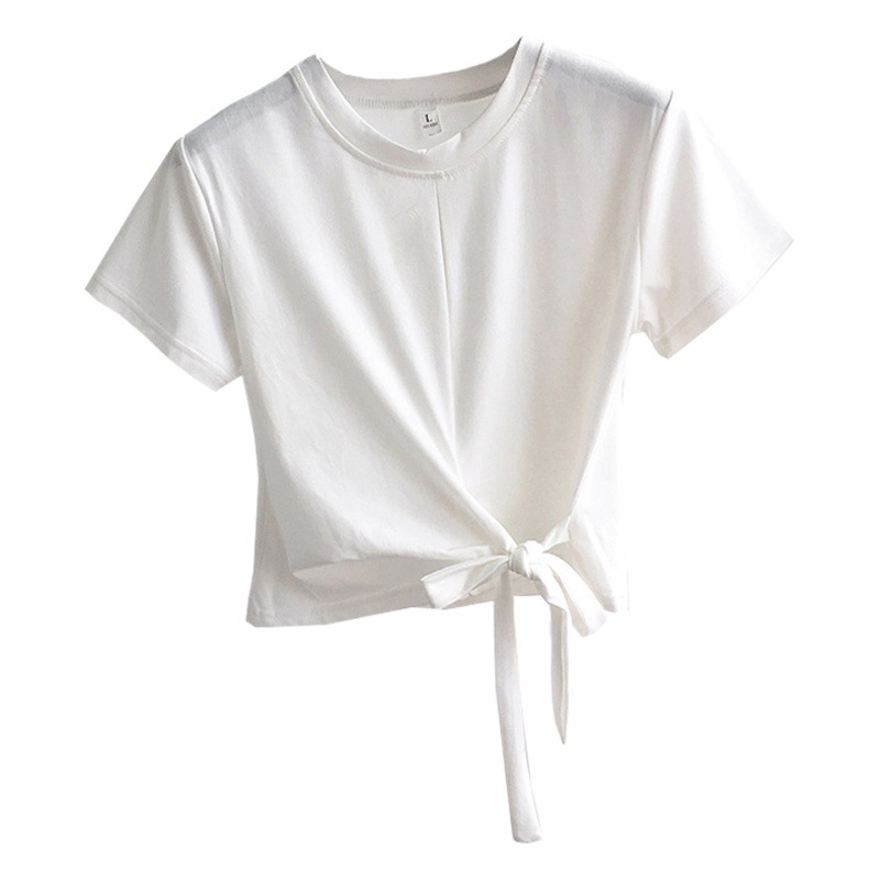 Short Pure Color T-Shirt for Women 2025 Summer Korean Style Strappy Discreet Navel-Baring Student Short-Sleeved T-Shirt Slim Top