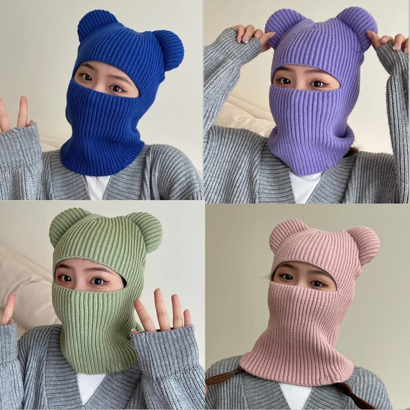 Bear Ears Scarf All-In-One Hat Women's Pullover Knitted Windproof Hood Cycling Ear Protection Woolen Pullover Autumn and Winter Hat