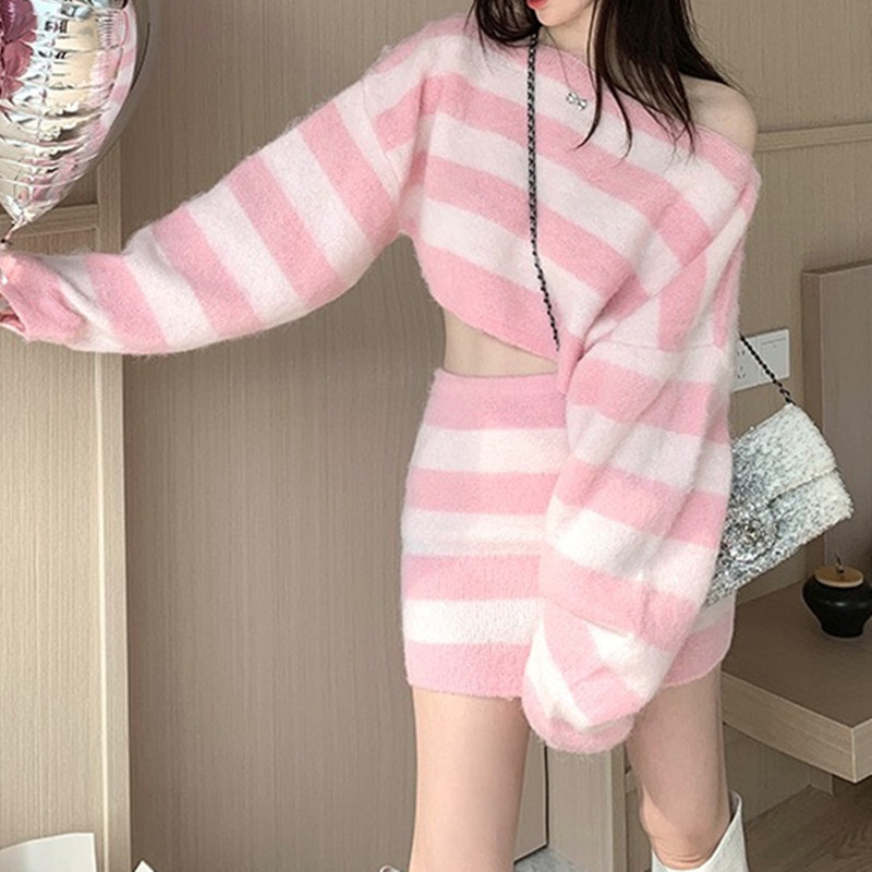 Autumn and Winter Design Wool Color Stripe suit Loose Open-shoulder Sweater Hip Casual Skirt Two-piece Set for Women