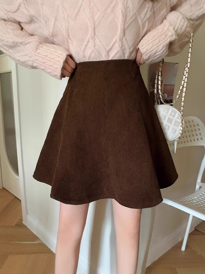 High Waist Corduroy Skirt Women's Autumn and Winter plus size Slimming Belly Covering Skirt Umbrella Skirt Anti-Light A- Line Skirt