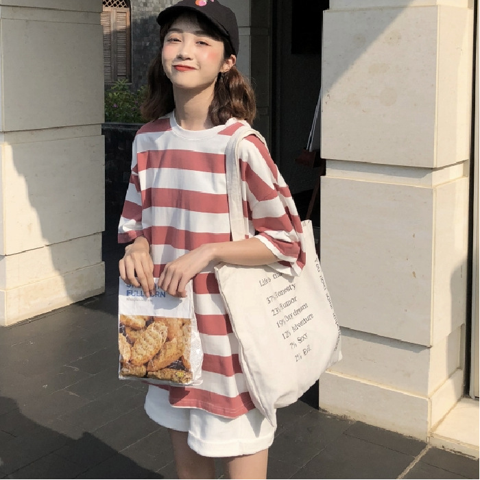 Harajuku Style Summer New Slimming Students All-match Western Style Distinctive Korean Loose Large Stripe Short-sleeved T-shirt Top