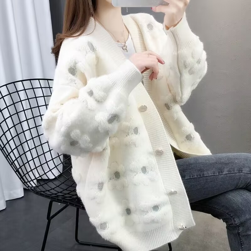 Knitted Cardigan Women's Contrast Loose Outer Wear New Style Towel Embroidered Hook Sweater Women's Coat