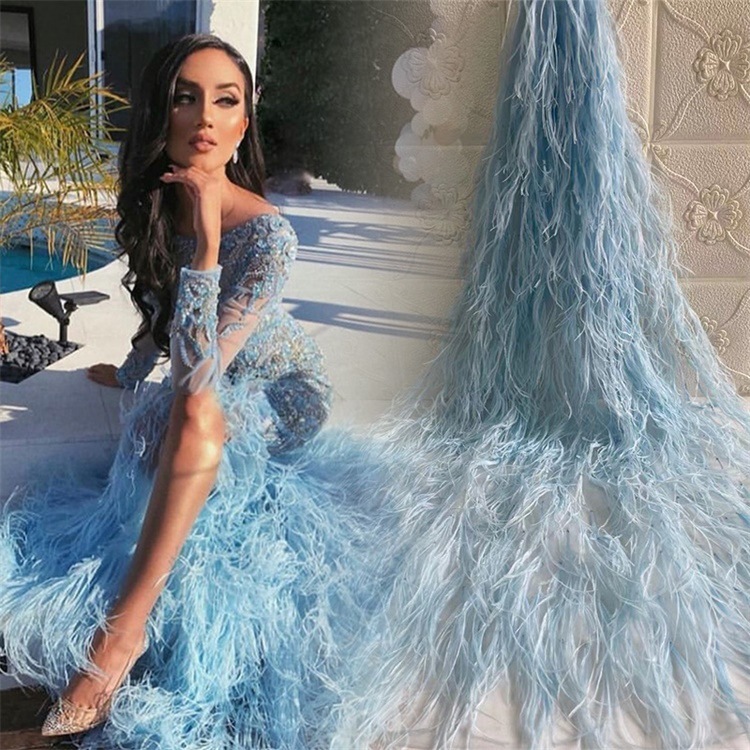 Picture of European and American high-end high-end ostrich feather wedding dress fashion catwalk same style pure heavy handmade feather mesh evening dress