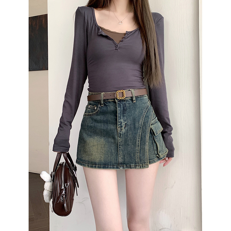 plus size Stretch Denim Skirt Women's Summer Design Anti-glare High Waist Slimming Hip A- line Skirt Pants