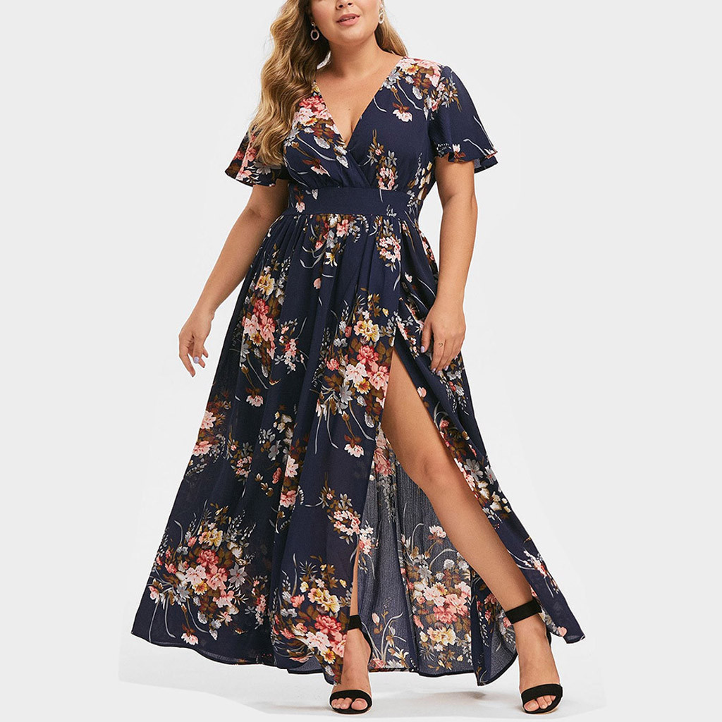 Picture of 2024 European and American Cross-Border Dress Summer New Plus Size Women's Printed Hem Slit Printed Short-Sleeved Dress