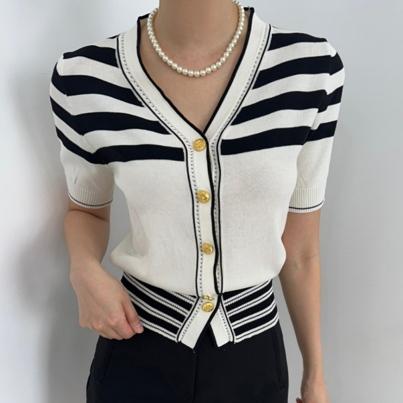 Summer Ice Silk Sweater, Feminine Half Turtleneck, Short Sleeves, Single-Breasted, Slim-Fitting Short Cardigan Top for Women
