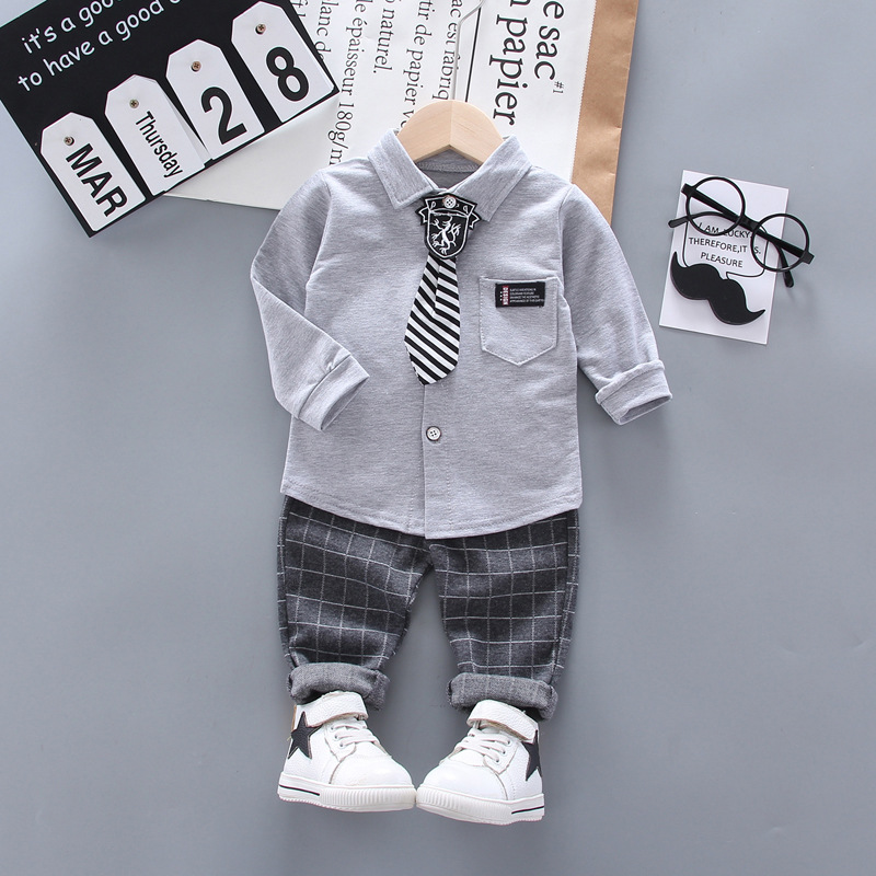 Foreign trade new spring and autumn lapel tie long sleeve British shirt children's gentleman suit two-piece a generation of hair