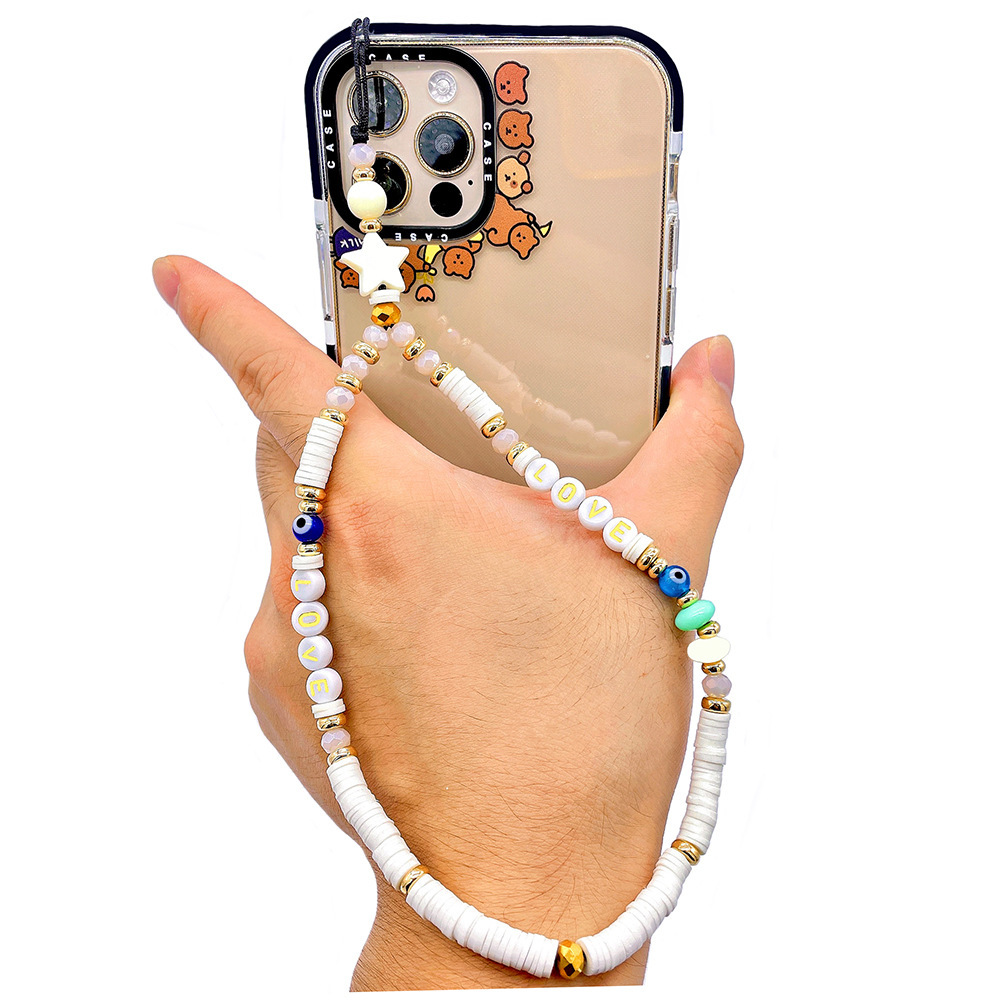 Picture of European and American Style Phone Chain Couple Letter Love Soft Clay Phone Strap Beaded Phone Lanyard Pendant for Women