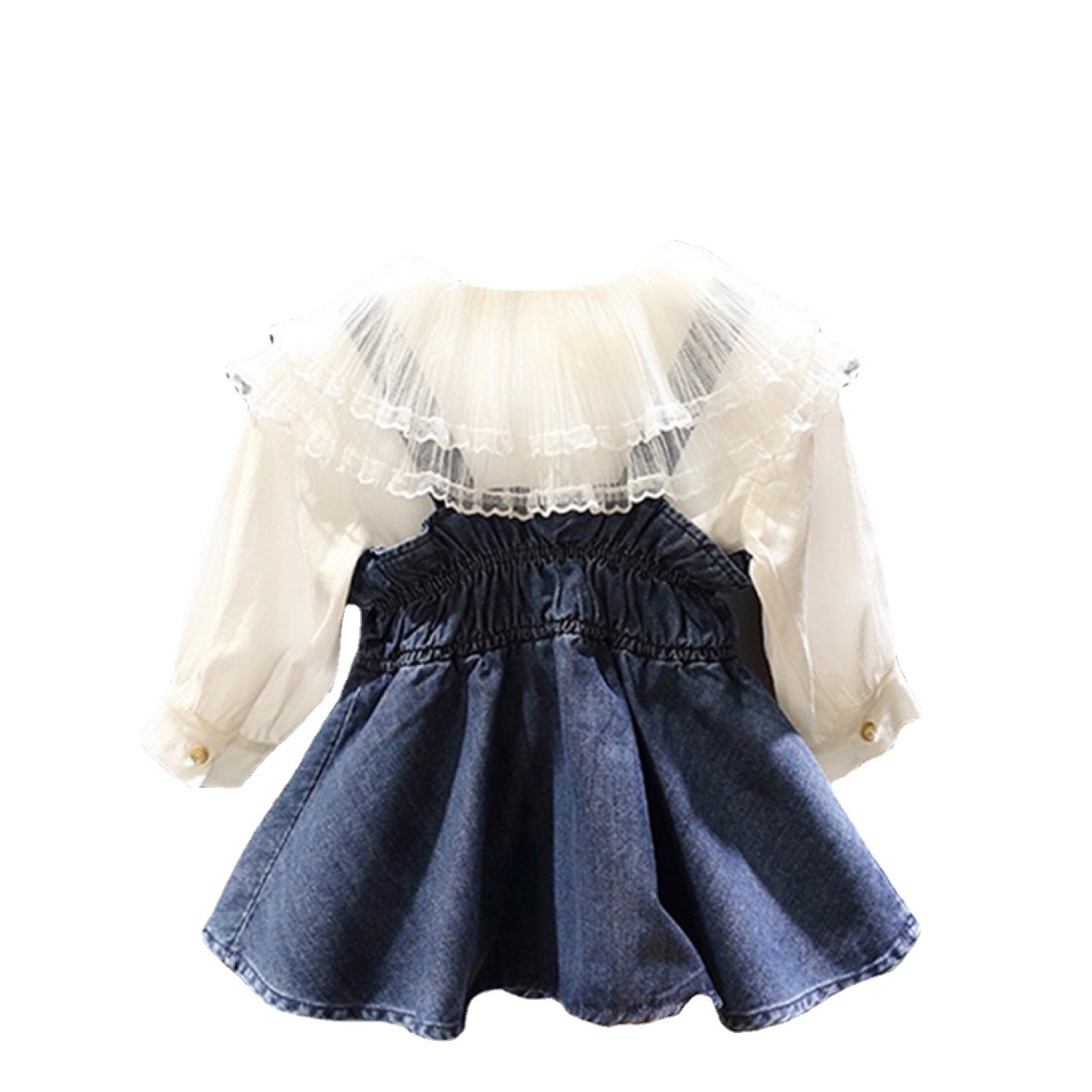 Picture of 2021 Korean Style Spring and Autumn Fashion Children's Suit Girl's Lace Collar Shirt Fishtail Strap Skirt Two-Piece Set YY64