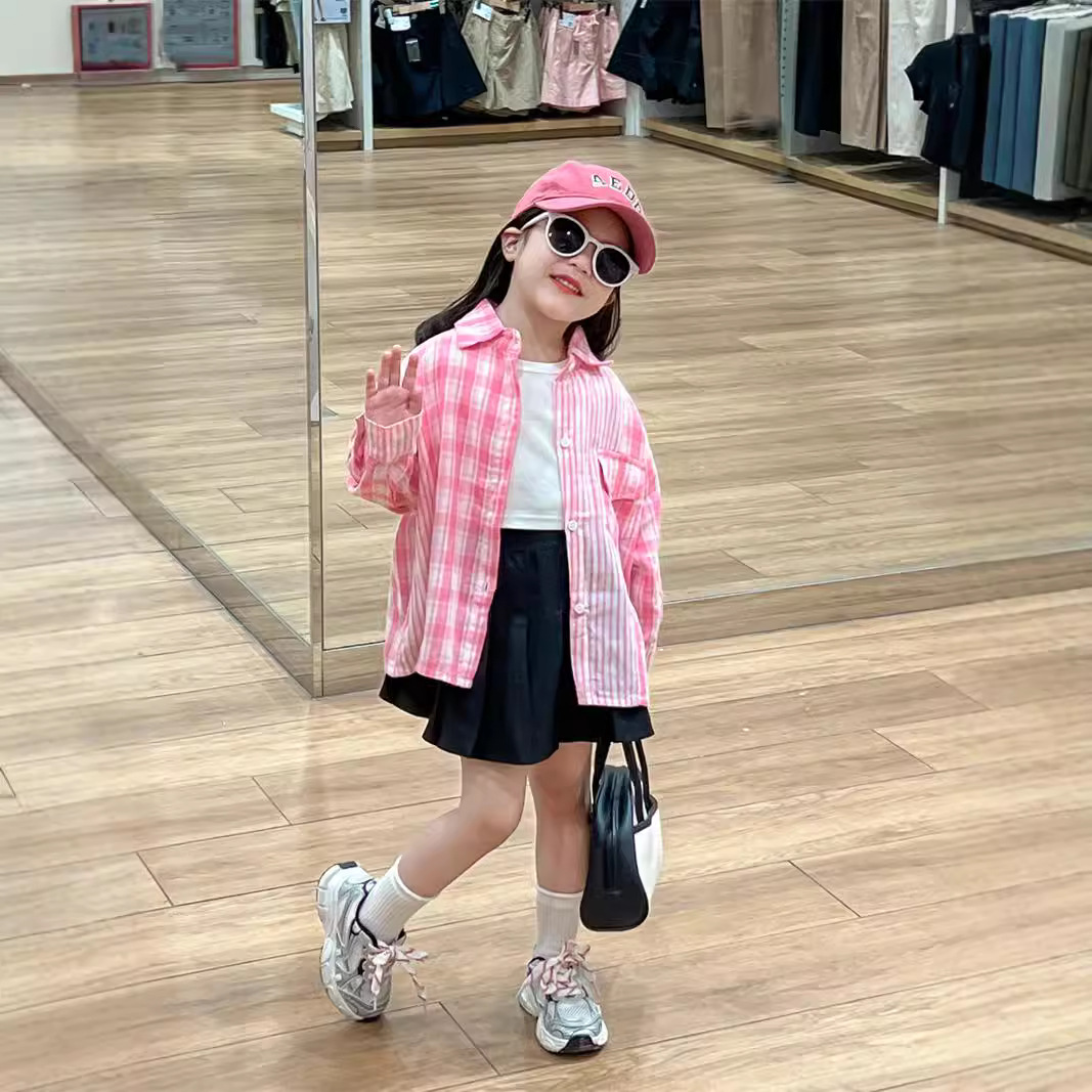 Korean Style Children's Wear Girls' Shirt 2024 Autumn Shirt Western Style Pink Plaid Striped Stitching Single-breasted Long-sleeved Shirt