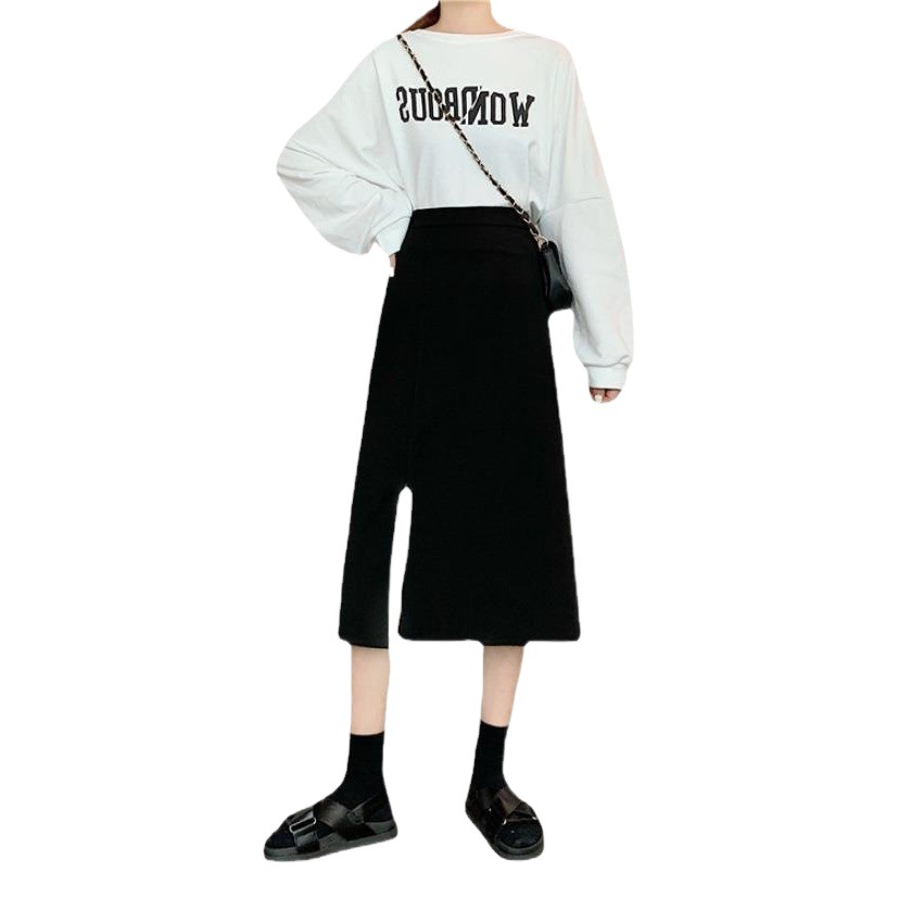 Suit fabric mid-length skirt women's autumn black slimming high waist A- line drape casual split elegant skirt