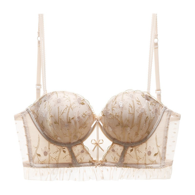 Picture of Summer Large U-shaped Beautiful Back Underwear Women's Lace Embroidered Contrast Backless Bra Small Chest Gather-up Vest Bra